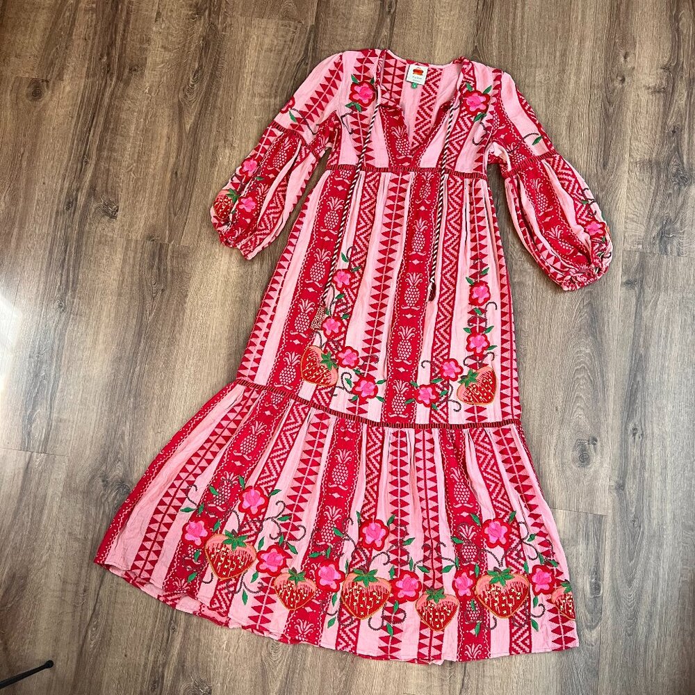 Farm Rio Strawberry Jacquard Cotton Maxi Dress Sz S - Picture 2 of 16